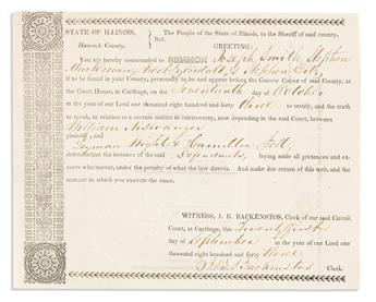 (MORMONS.) Summons issued to Joseph Smith and others to appear as witnesses in an Illinois court case.